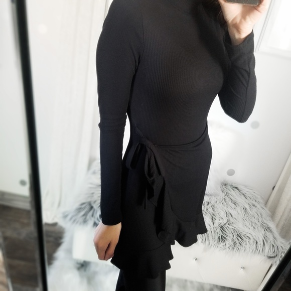 Fall Black Ribbed Knit Ruffle Dress Wrap Tunic Top Women’s Tops Clothes - Picture 6 of 10